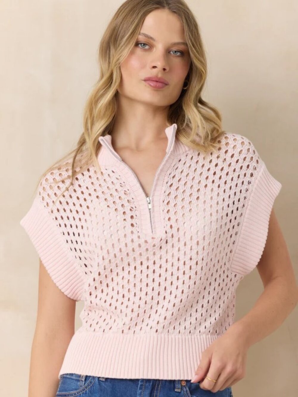 brand new Open Knit Short Sleeve Quarter Zip Sweater